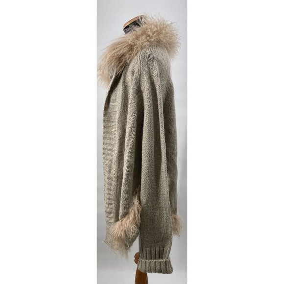 Alberto Makali Womens Lamb Fur Trim Open Front Beige Cardigan